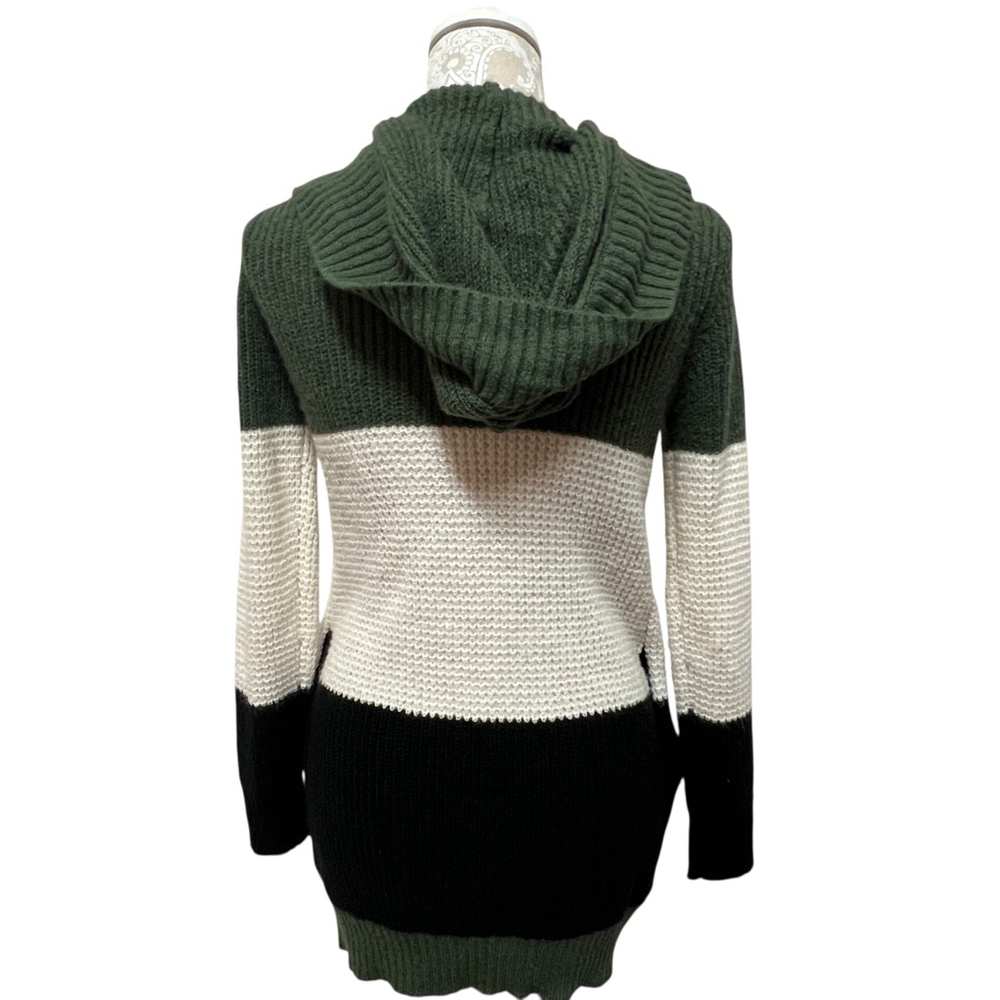 Bass Women’s Hooded Open Front Cardigan Sweater Green Cream Black Striped Size M - Picture 8 of 10